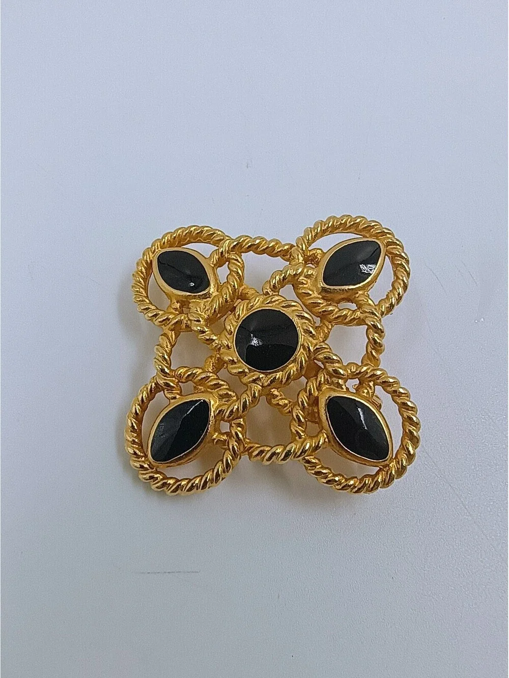 Vintage Gold Tone Black Stone Brooch Pin made by Anne Klein (marked